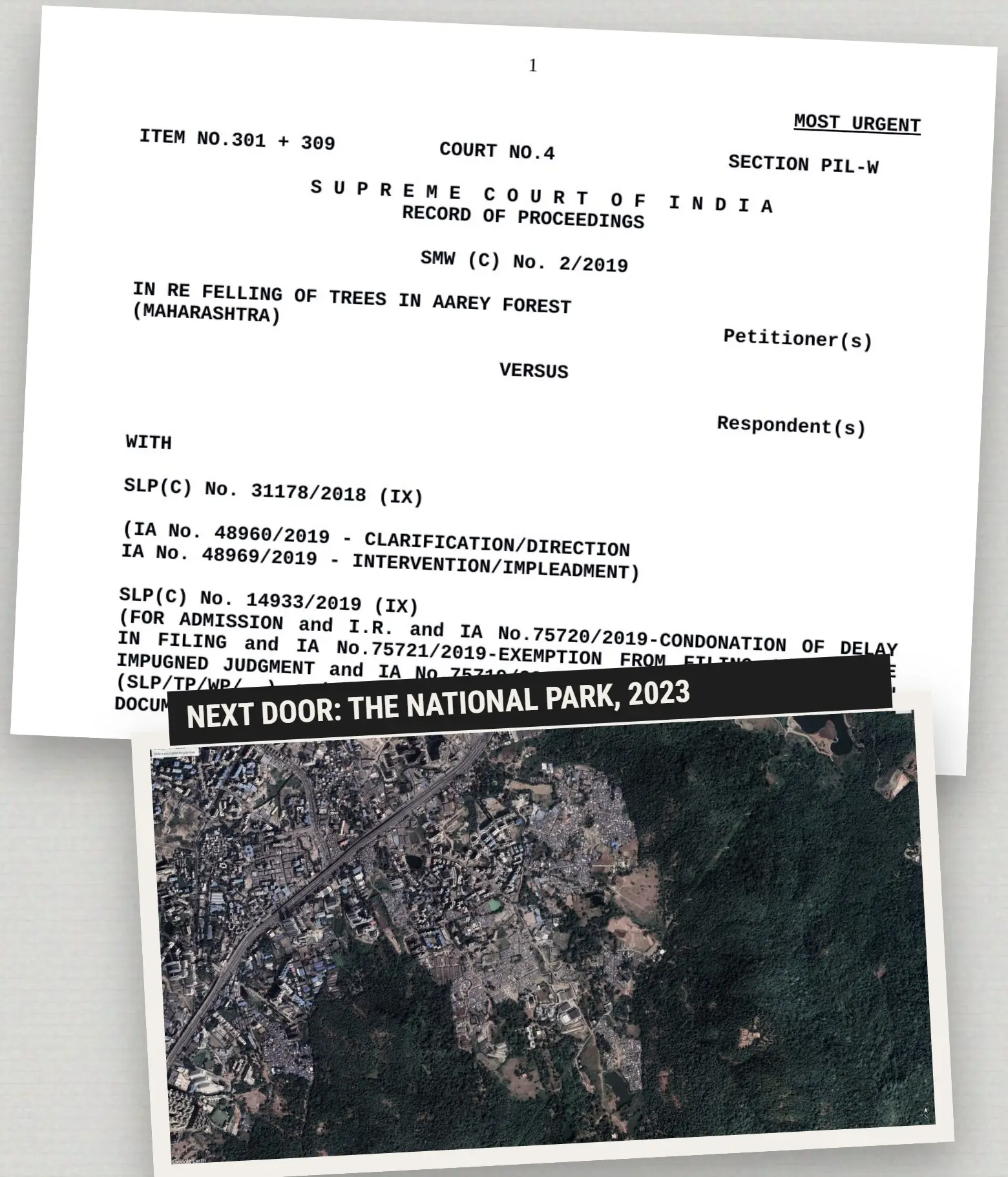 Supreme Court record of proceedings on the felling of trees in Aarey, pinned above a satellite view of the national park