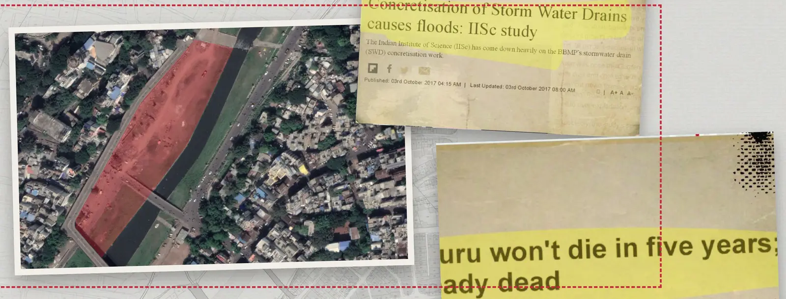 Satellite image with a riverbank strip marked in red beside highlighted newspaper headlines on Bengaluru floods