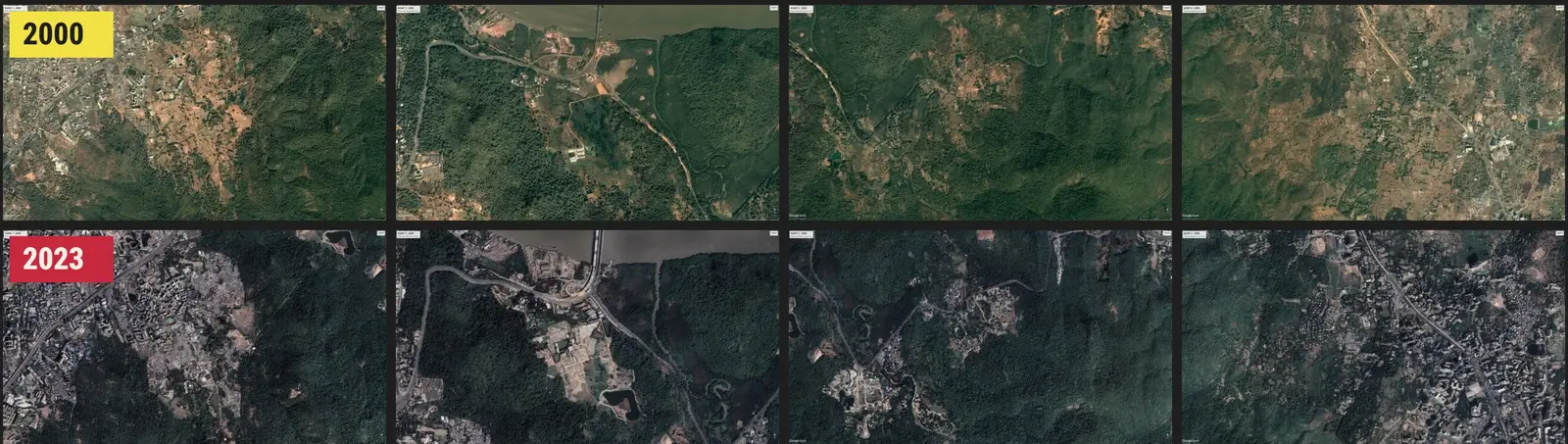 Four satellite views of the national park edge in 2000 above the same four views in 2023, with grey development spreading into green