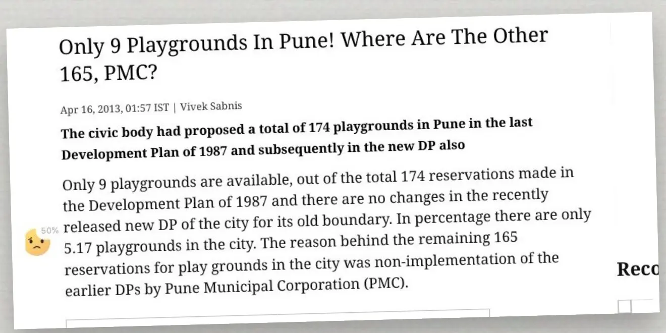 Newspaper clipping: Only 9 playgrounds in Pune, where are the other 165, PMC?