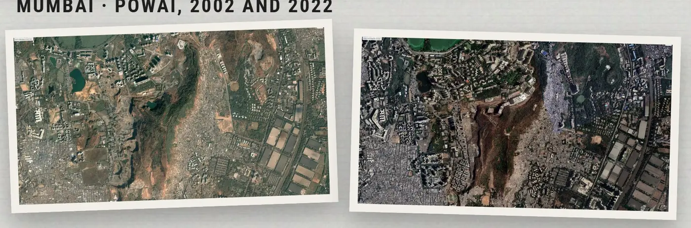 Two satellite views of Powai, Mumbai, in 2002 and 2022