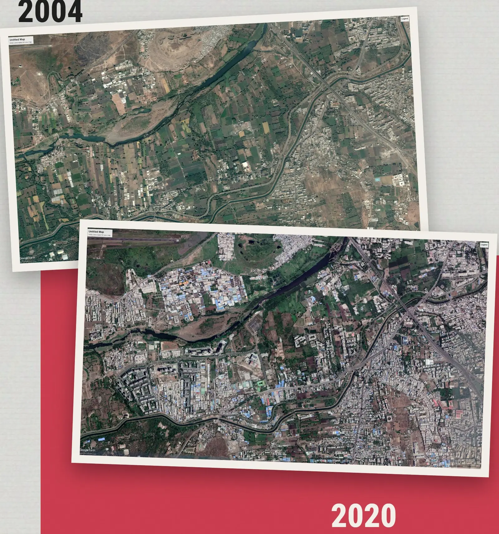 The same Pune riverside seen from above in 2004 and in 2020, fields replaced by dense buildings
