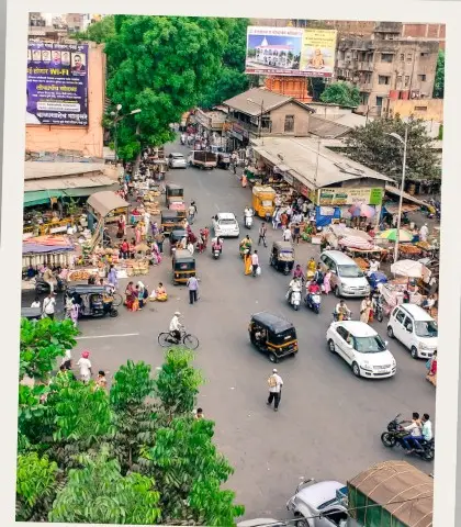 A crowded market junction seen from above