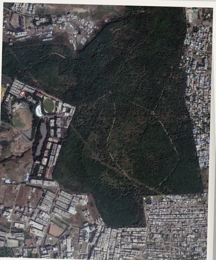 Satellite view of Taljai hill surrounded by buildings