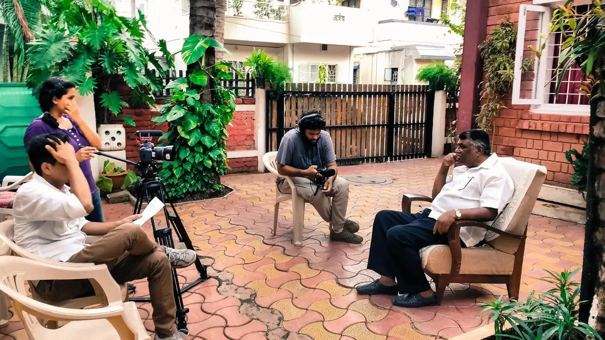 Interview in a courtyard