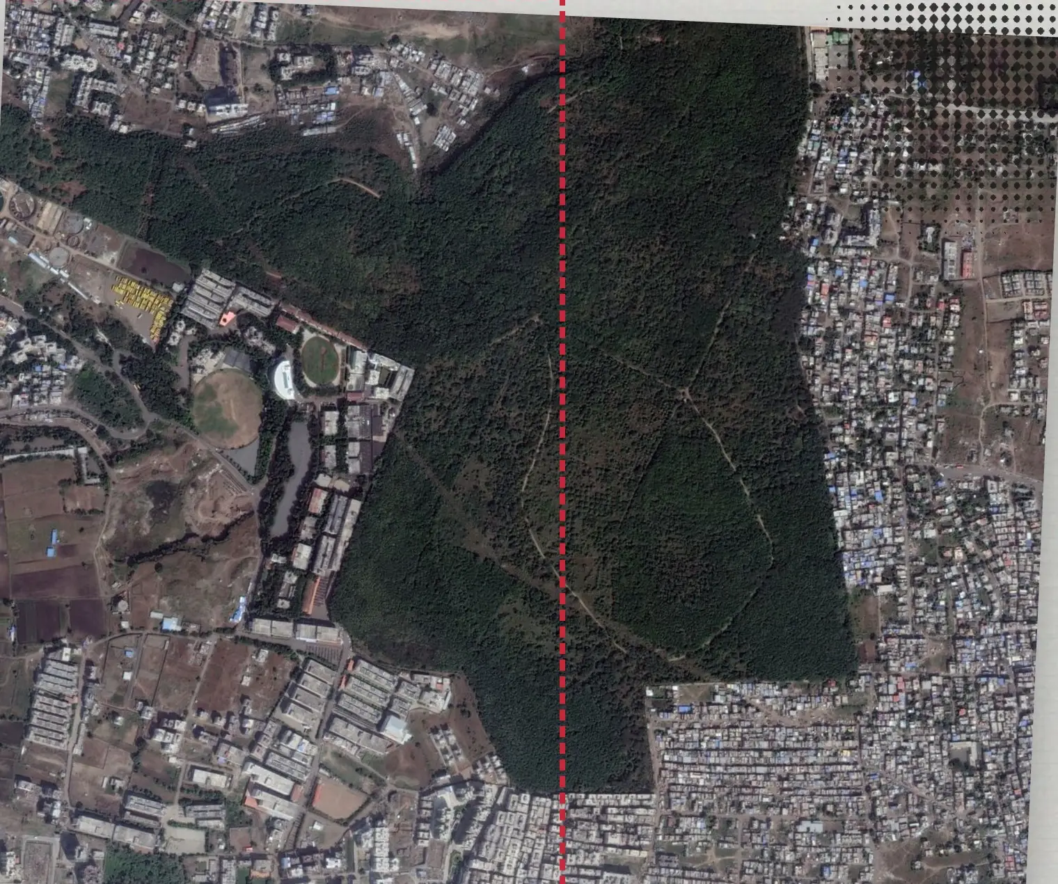 Satellite view of Taljai hill in Pune, a dark green forest with dense buildings pressing against every edge