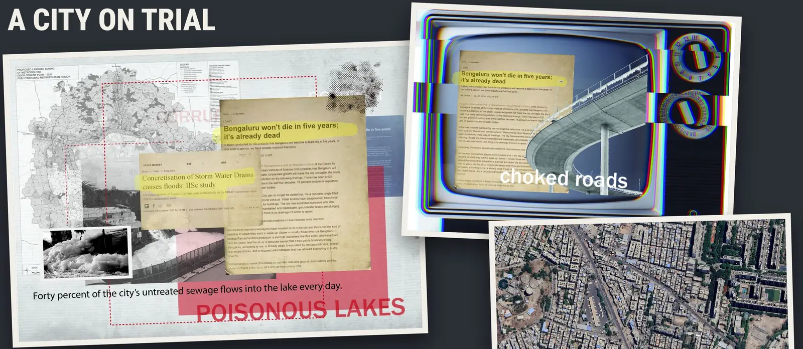 Collage of plan sheets, newspaper clippings on poisonous lakes, and an old television showing a flyover